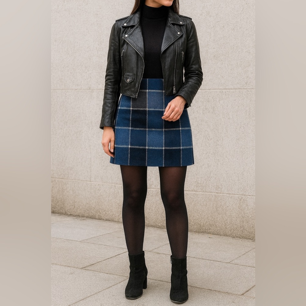 ✨ “Blue Plaid Wool-Blend Mini Skirt | Winter Chic Size 2”